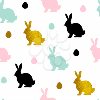 Easter seamless pattern with multicolored rabbits and eggs on a white background. Vector illustration.