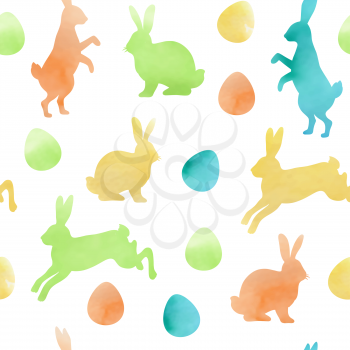 Watercolor Easter seamless pattern with rabbits and eggs on a white background. Vector illustration.