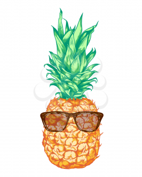 Hand drawn vector pineapple in sunglasses on a white background. 