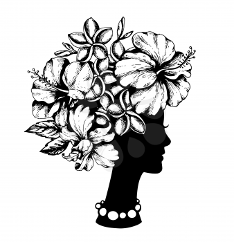 Silhouette of a female head and tropical flowers on a white background. Vintage style. Hand drawn vector illustration. Design for beauty salon.