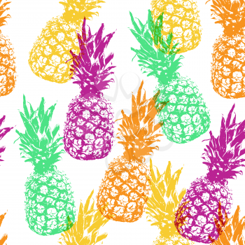 Tropical vector seamless pattern with pineapples on a white background. Retro style with vibrant colors.