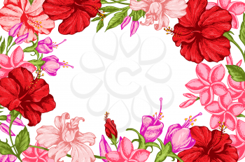 Summer tropical floral frame with pink and red flowers. Hand drawn vector background. Vintage style.