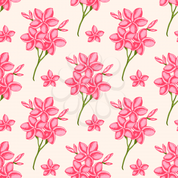 Tropical seamless pattern with pink flowers. Hand drawn vintage vector background.