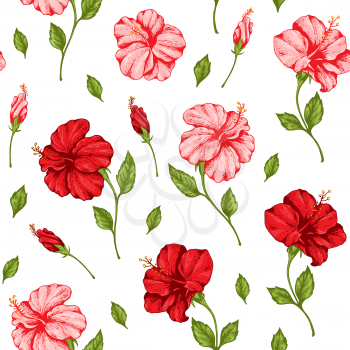 Tropical seamless pattern with pink and red hibiscus flowers. Hand drawn vintage vector background.