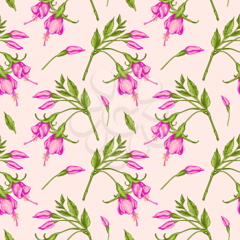 Tropical seamless pattern with pink fuchsia flowers. Hand drawn vintage vector background.