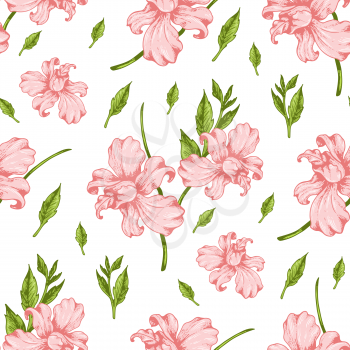 Tropical seamless pattern with pink orchid flowers. Hand drawn vintage vector background.