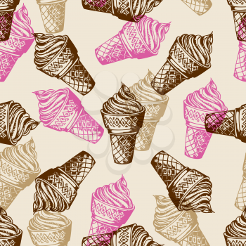 Vintage seamless patterns with ice cream in waffle cone.  Hand drawn vector background