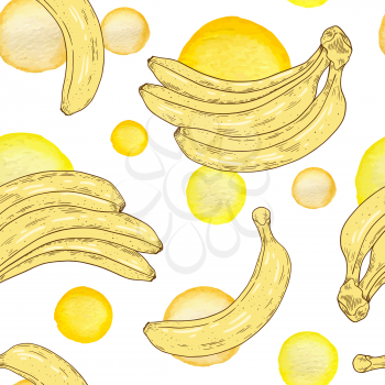 Seamless pattern with ripe yellow bananas and watercolor circles. Summer tropical background. Hand drawn vector illustration