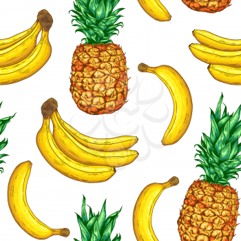 Hand drawn tropical vector seamless pattern with pineapple and bananas on a white background.