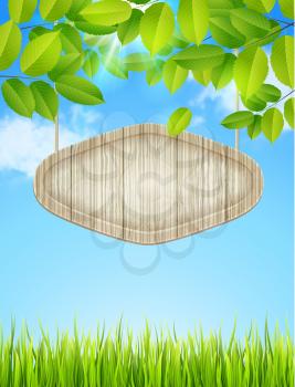 Spring nature background with green leaves, clouds, blue sky and wooden banner Vector illustration.
