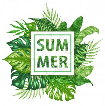 Tropical summer banner with green palm leaves and text on a white background. Hand drawn vector illustration