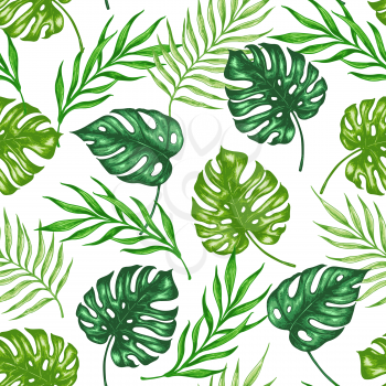 Tropical summer seamless pattern with green palm leaves and branch. Hand drawn vector background