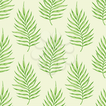 Tropical seamless pattern with green palm branch. Hand drawn vintage vector background.