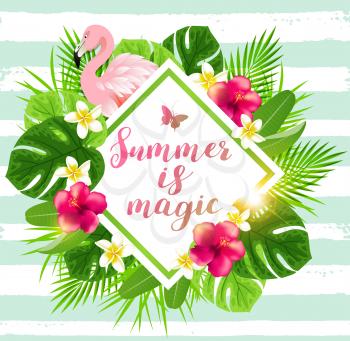 Summer background with tropical flowers, green palm leaves and pink flamingo