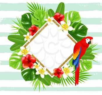 Summer golden banner with tropical flowers, green palm leaves and red parrot. Vector illustration