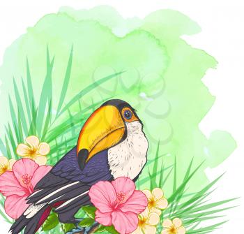 Summer background with pink tropical flowers, palm leaves, toucan bird and green watercolor texture . Hand drawn vector illustration
