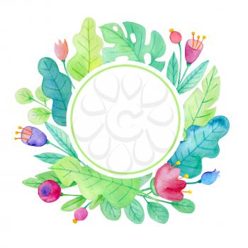Watercolor floral frame with flowers and green leaves on a white background. Round floral banner for seasonal summer sale.