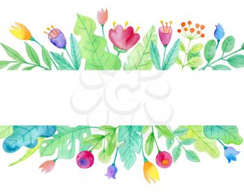 Watercolor floral background with flowers and green leaves. Decorative hand drawn illustration with flowers