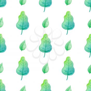 Watercolor seamless pattern with green oak leaves on a white background. 