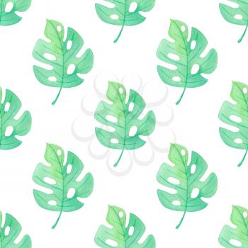 Watercolor tropical seamless pattern with green palm leaves on a white background. 