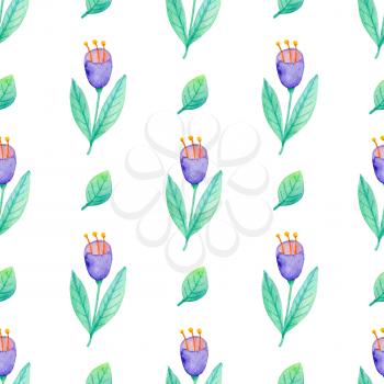 Watercolor floral seamless pattern with violet flowers and green leaves. Hand drawn nature background