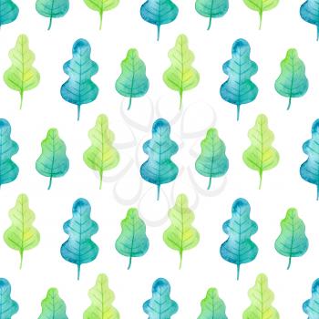 Watercolor seamless pattern with green oak leaves on a white background. 
