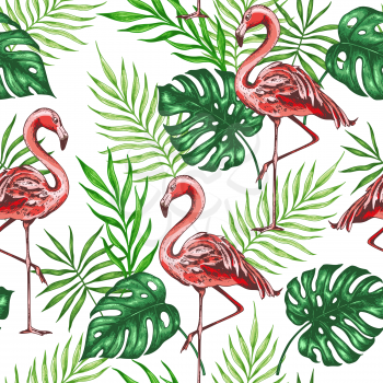 Summer tropical seamless pattern with green palm leaves and pink flamingo. Hand drawn vector background