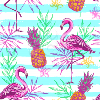 Summer seamless pattern with pink flamingo, pineapples and blue lines. Hand drawn vector background