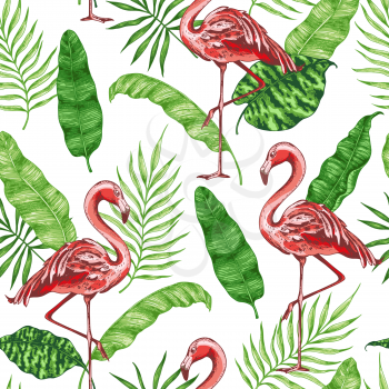 Tropical seamless pattern with green palm leaves and pink flamingo. Hand drawn vector background