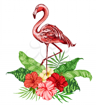 Summer background with pink flamingo, red tropical flowers and green palm leaves. Vector illustration
