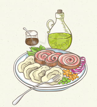 Hand drawn meatloaf, olive oil and garnish on a plate. Vector illustration