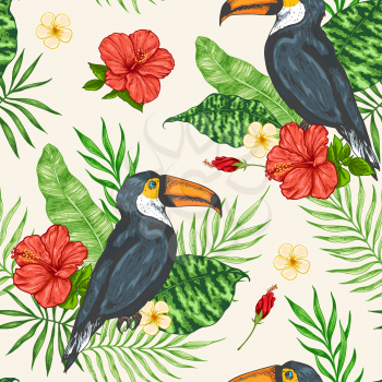 Tropical seamless pattern with green palm leaves, red flowers and toucan bird. Hand drawn vector background