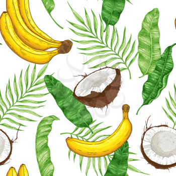 Royalty Free Clipart Image of a Bananas, Coconuts and Leaves