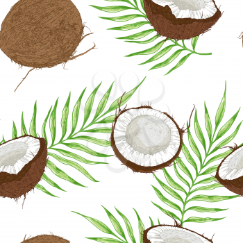 Seamless pattern with coconuts and green palm leaves on a white background. Vector illustration