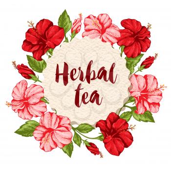 Tropical floral background with pink and red hibiscus flowers and paper label.  Hand drawn vector illustration. 