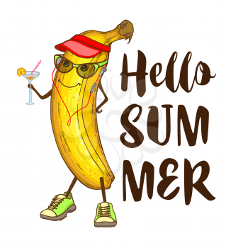 Cute cartoon banana fruit with cocktail and music player. Hand drawn summer tropical illustration