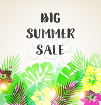 Abstract summer tropical background for seasonal sale with flowers and palm leaves. Vector illustration