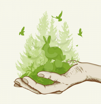 Green fir tree, rabbit and birds in the hand. Ecology concept. Vector illustration