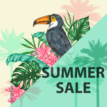 Tropical background with green palm leaves, flowers and toucan.  Design for seasonal summer sale. Hand drawn vector illustration