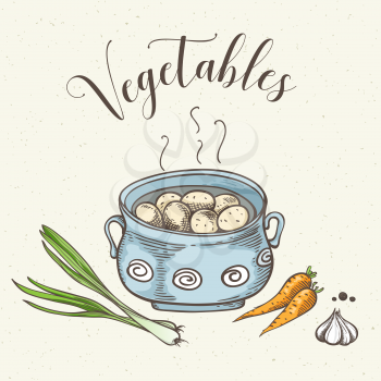 Hot boiled potatoes in a pan and spices. Hand drawn vector illustration. Vegetarian menu