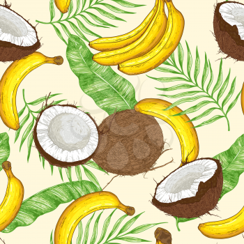 Hand drawn tropical seamless pattern with yellow bananas, coconuts and green leaves. Vector background