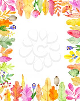Watercolor autumn floral frame with flowers and leaves on a white background.  Hand drawn illustration