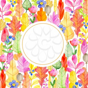 Watercolor autumn floral background with multicolored flowers and leaves.  Hand drawn illustration