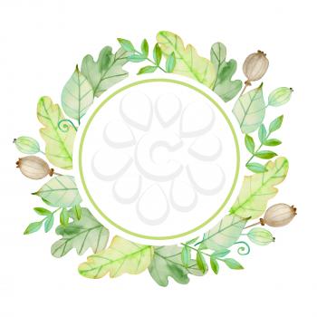 Watercolor autumn floral round banner with flowers and green leaves on a white background.  Hand drawn illustration