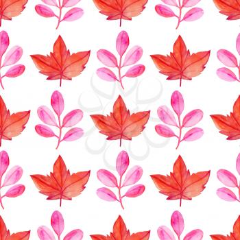 Watercolor autumn floral seamless pattern with red maple leaves. Hand drawn nature background