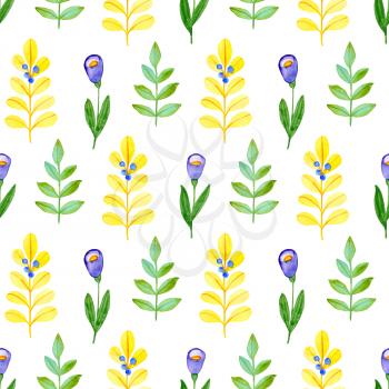 Watercolor autumn floral seamless pattern with green and yellow leaves and flowers. Hand drawn nature background