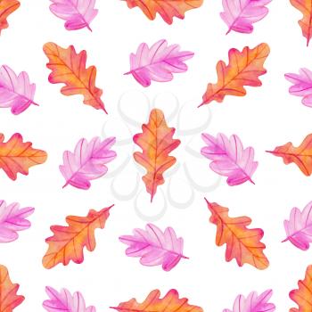 Watercolor autumn floral seamless pattern with red and orange oak leaves. Hand drawn nature background