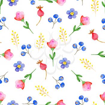 Watercolor autumn floral seamless pattern with pink and violet flowers. Hand drawn nature background