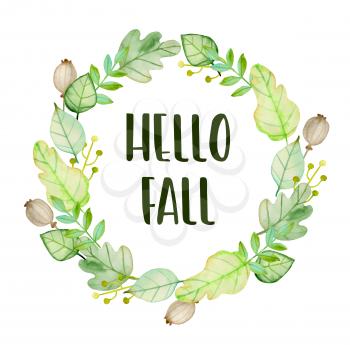 Watercolor autumn floral frame with green leaves on a white background.  Hand drawn illustration. Hello fall lettering
