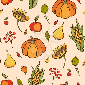 Autumn doodle seamless pattern with pumpkins, fruits and leaves. Hand drawn vector background